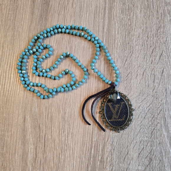 Upcycled Long Turquoise Beaded Necklace W Bronze LV Pendant 36inches - Picture 10 of 10